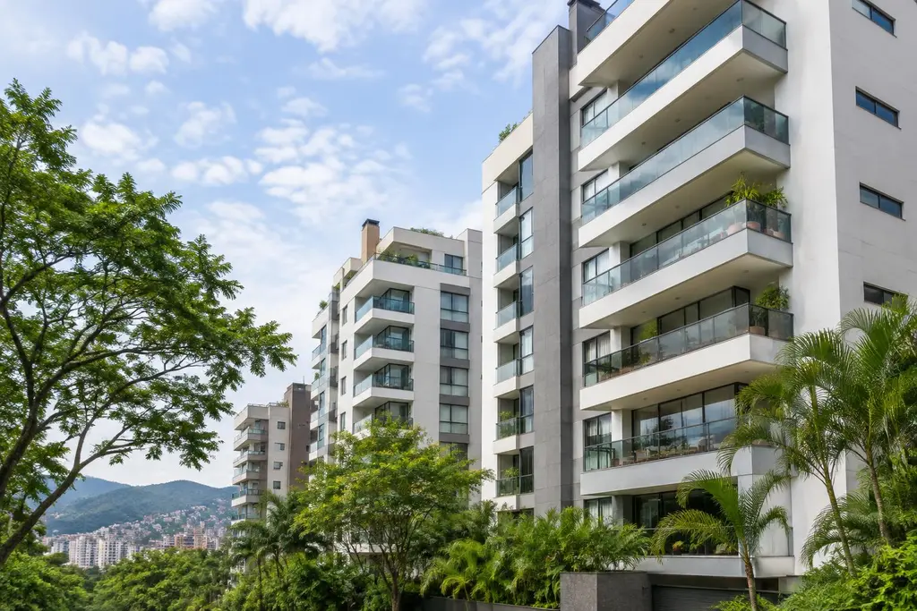 Imagem ilustrativa de edifícios residenciais com jardins