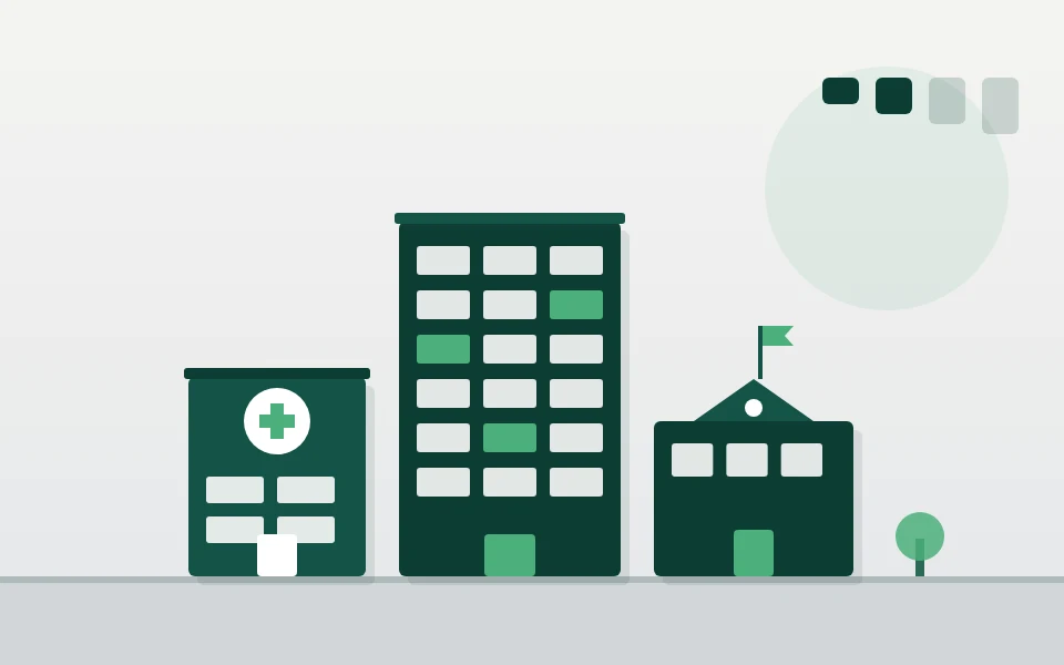 Ilustração de uma clínica, um prédio alto de escritórios e uma escola, lado a lado, em tons de verde.