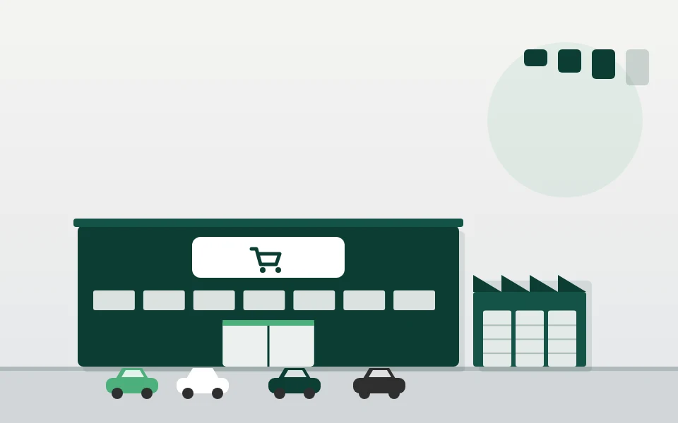 Ilustração de um hipermercado grande com carrinho de compras na fachada, estacionamento com carros e um galpão ao lado.