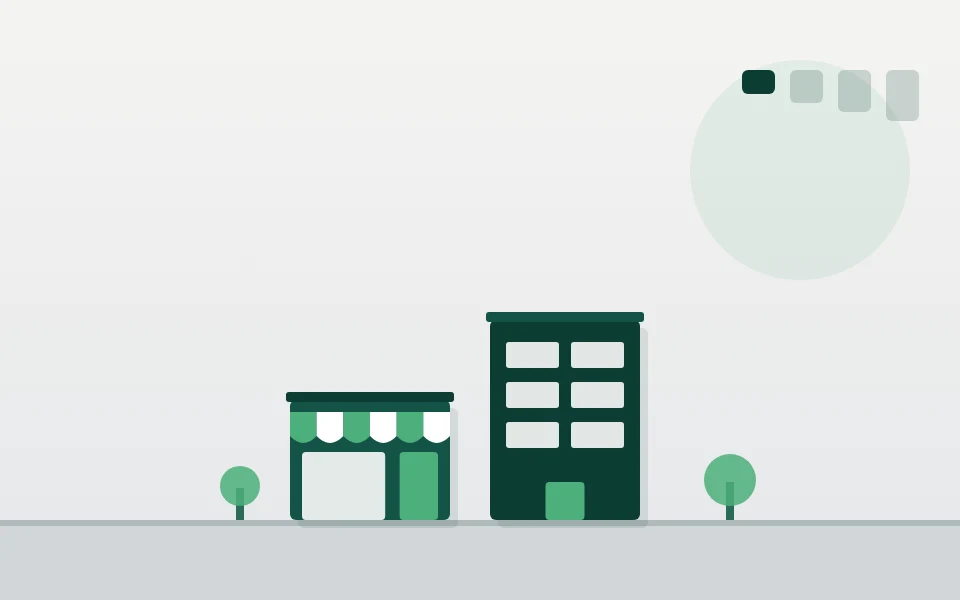 Ilustração de uma loja pequena com toldo e um prédio baixo, lado a lado, em tons de verde.